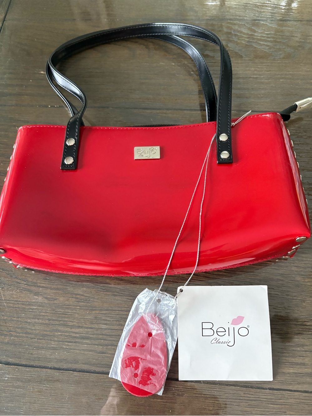 Red Patent Shoulder Bag with Black Handles